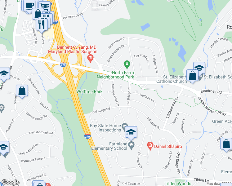 map of restaurants, bars, coffee shops, grocery stores, and more near 12017 Hitching Post Lane in Rockville