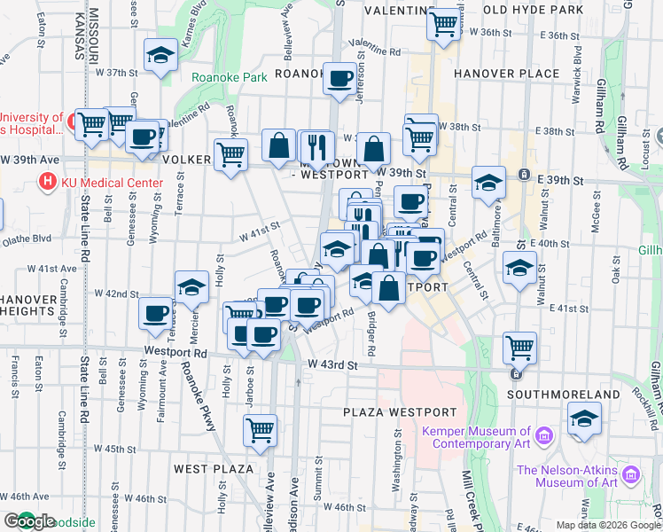 map of restaurants, bars, coffee shops, grocery stores, and more near 4020 Mill Street in Kansas City