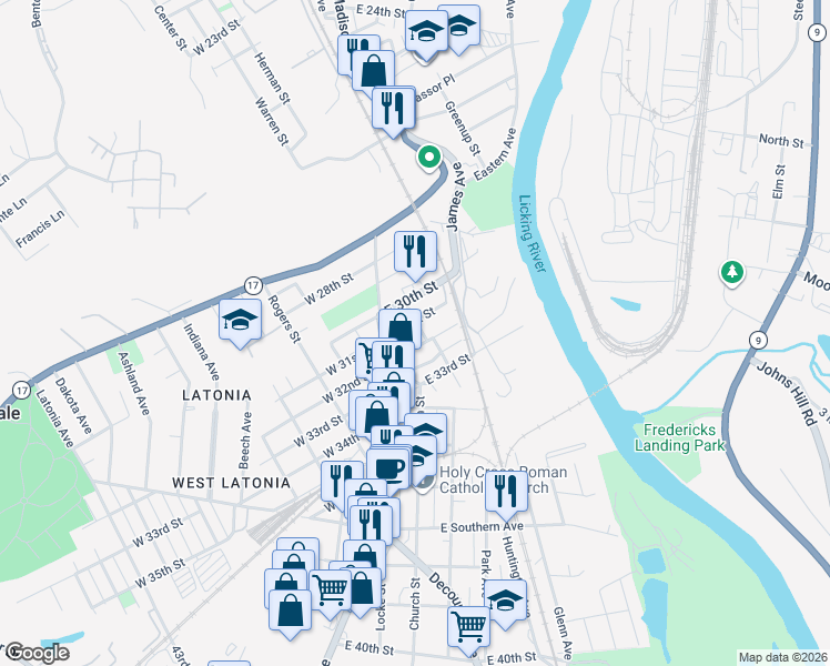 map of restaurants, bars, coffee shops, grocery stores, and more near 3001 Frazier Street in Covington