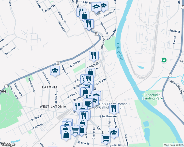 map of restaurants, bars, coffee shops, grocery stores, and more near 3001 Frazier Street in Covington