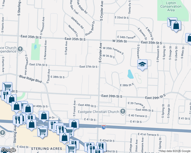 map of restaurants, bars, coffee shops, grocery stores, and more near 3706 South Crysler Avenue in Independence