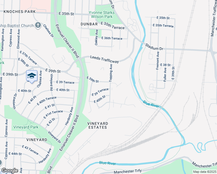 map of restaurants, bars, coffee shops, grocery stores, and more near 3901 East 39 Street in Kansas City