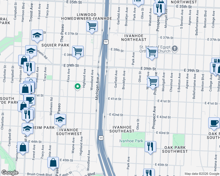 map of restaurants, bars, coffee shops, grocery stores, and more near 2006 East 40th Street in Kansas City