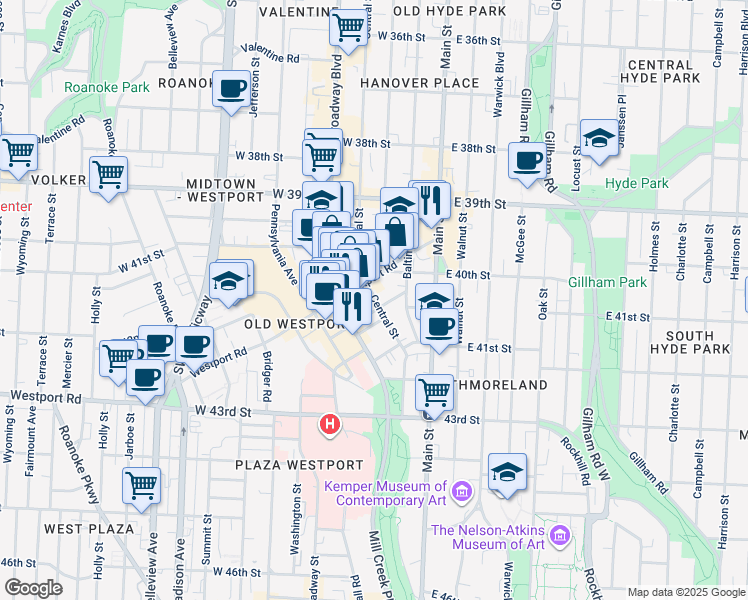 map of restaurants, bars, coffee shops, grocery stores, and more near 201 Westport Road in Kansas City