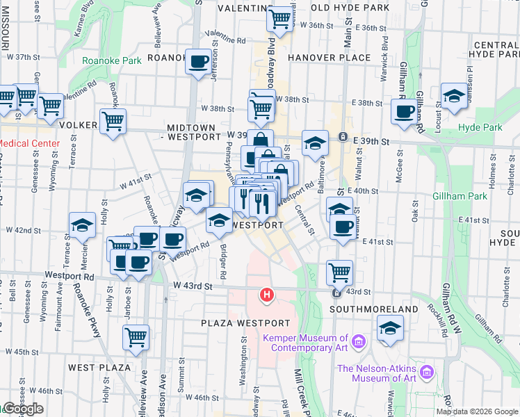 map of restaurants, bars, coffee shops, grocery stores, and more near 4030 Broadway Boulevard in Kansas City