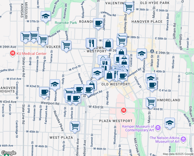 map of restaurants, bars, coffee shops, grocery stores, and more near 4001 Mill Street in Kansas City