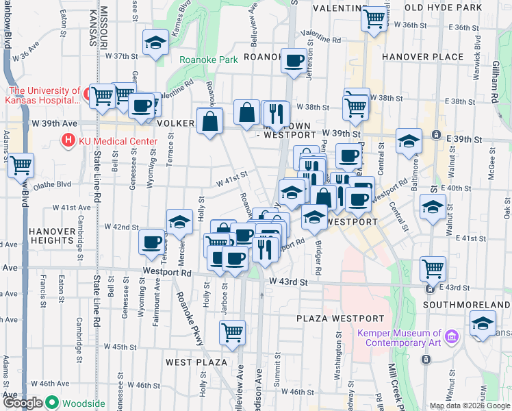 map of restaurants, bars, coffee shops, grocery stores, and more near 4038 Clark Avenue in Kansas City