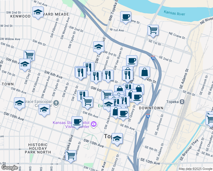 map of restaurants, bars, coffee shops, grocery stores, and more near 313 SW 5th St in Topeka
