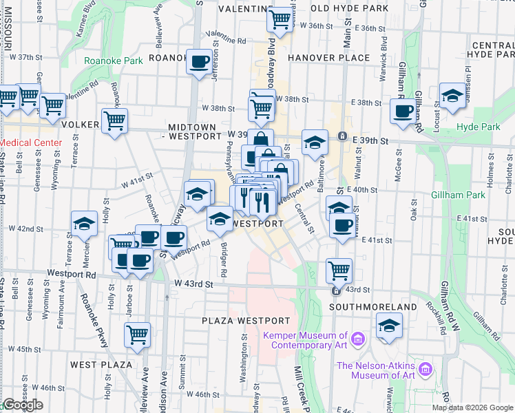 map of restaurants, bars, coffee shops, grocery stores, and more near 4030 Broadway Boulevard in Kansas City