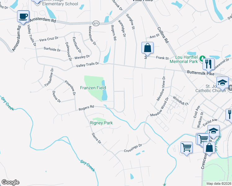 map of restaurants, bars, coffee shops, grocery stores, and more near 738 Rogers Road in Villa Hills