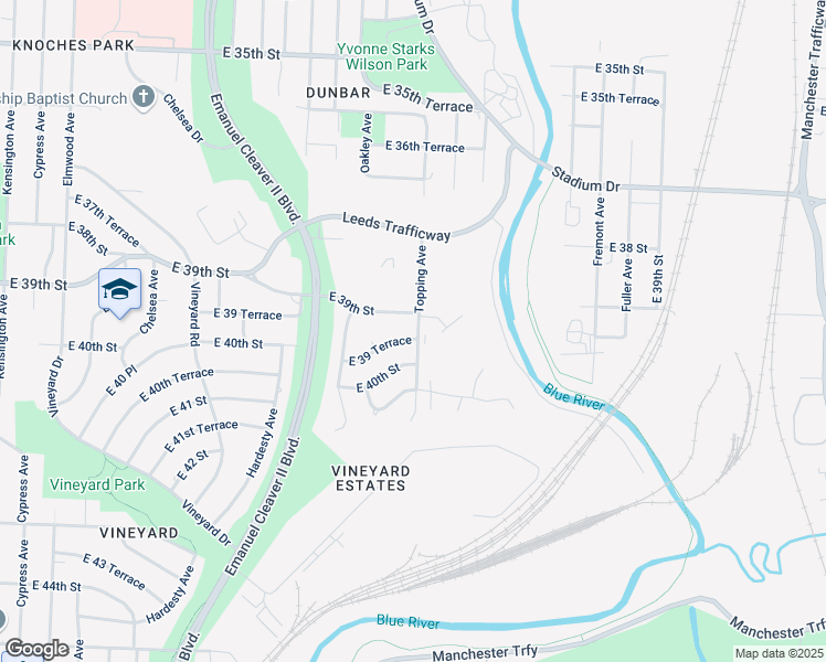 map of restaurants, bars, coffee shops, grocery stores, and more near 3901 East 39 Street in Kansas City