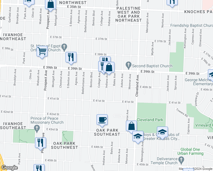 map of restaurants, bars, coffee shops, grocery stores, and more near Indiana Ave & E 40 St in Kansas City