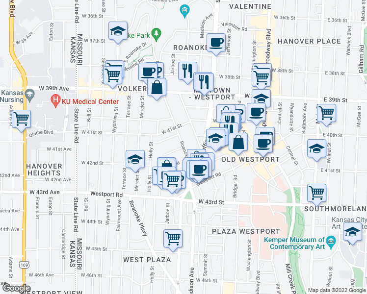 map of restaurants, bars, coffee shops, grocery stores, and more near Roanoke Road in Kansas City