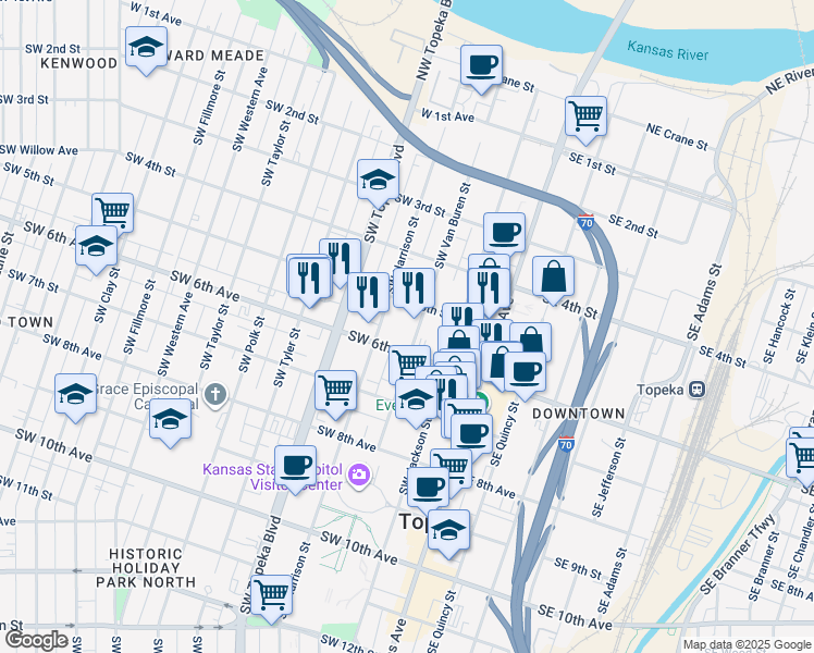 map of restaurants, bars, coffee shops, grocery stores, and more near 521 Southwest Van Buren Street in Topeka