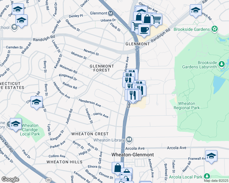 map of restaurants, bars, coffee shops, grocery stores, and more near 2510 Weisman Road in Silver Spring