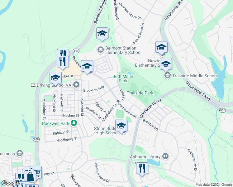 map of restaurants, bars, coffee shops, grocery stores, and more near 20344 Portsmouth Boulevard in Ashburn