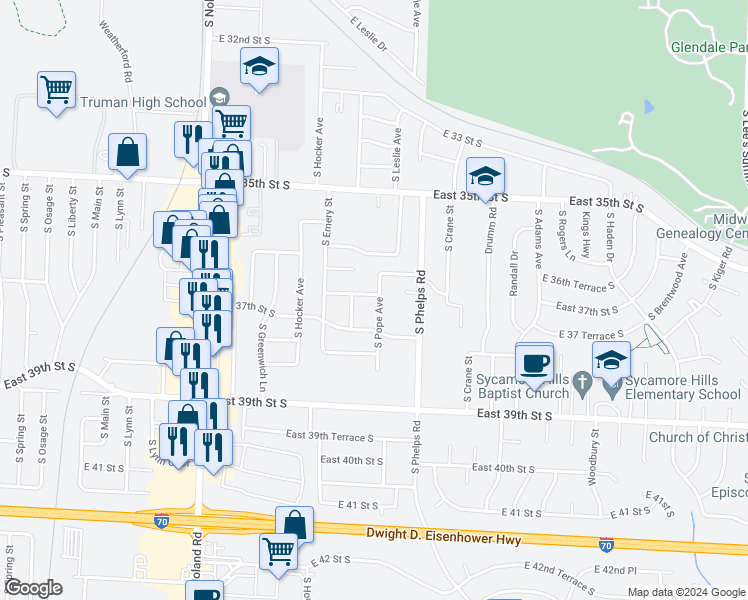 map of restaurants, bars, coffee shops, grocery stores, and more near 14505 East 36th Terrace South in Independence