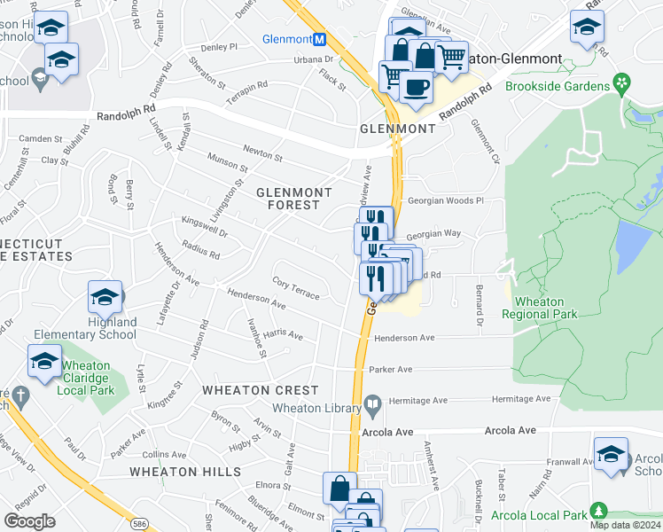 map of restaurants, bars, coffee shops, grocery stores, and more near 2510 Weisman Road in Silver Spring