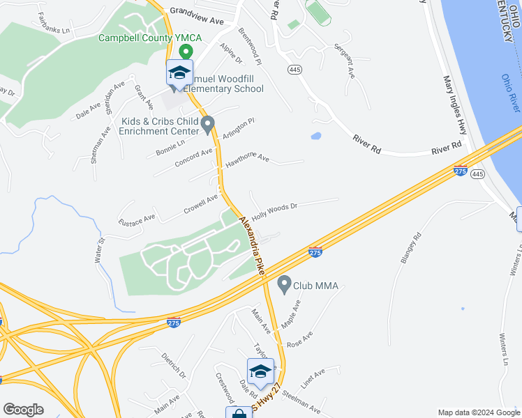 map of restaurants, bars, coffee shops, grocery stores, and more near 25 Holly Woods Drive in Fort Thomas
