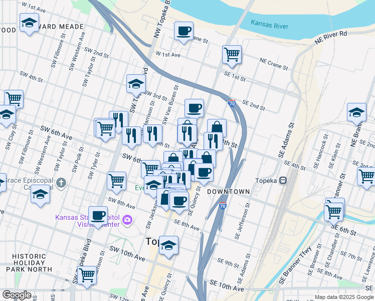 map of restaurants, bars, coffee shops, grocery stores, and more near 423 South Kansas Avenue in Topeka