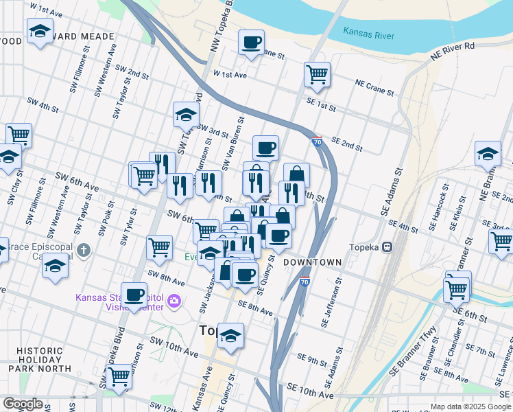 map of restaurants, bars, coffee shops, grocery stores, and more near 435 South Kansas Avenue in Topeka