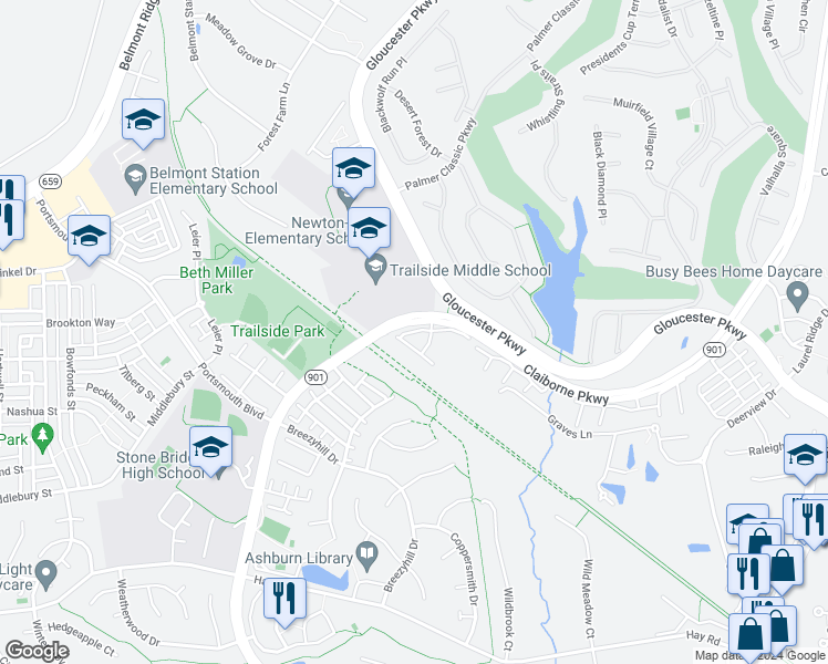 map of restaurants, bars, coffee shops, grocery stores, and more near Locust Dale Terrace in Ashburn