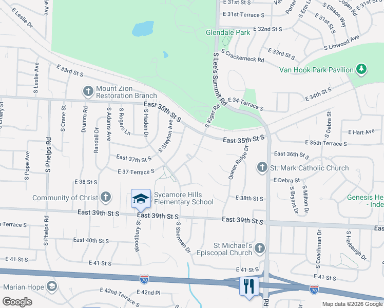 map of restaurants, bars, coffee shops, grocery stores, and more near 15801 East 36 Street South in Independence