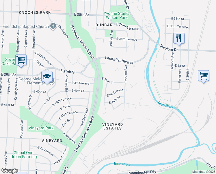 map of restaurants, bars, coffee shops, grocery stores, and more near 5511 East 39th Street in Kansas City