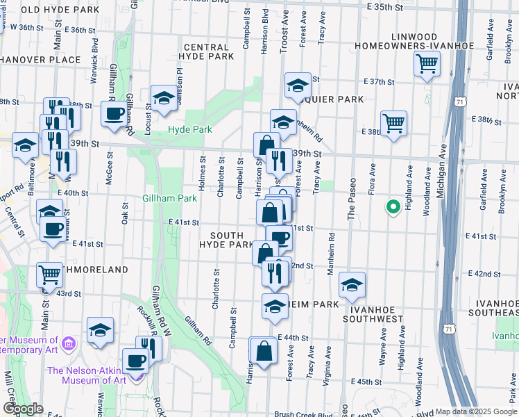 map of restaurants, bars, coffee shops, grocery stores, and more near 4010 Harrison Street in Kansas City