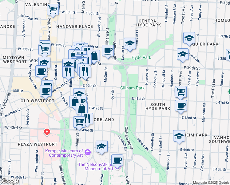 map of restaurants, bars, coffee shops, grocery stores, and more near 4021 Oak Street in Kansas City