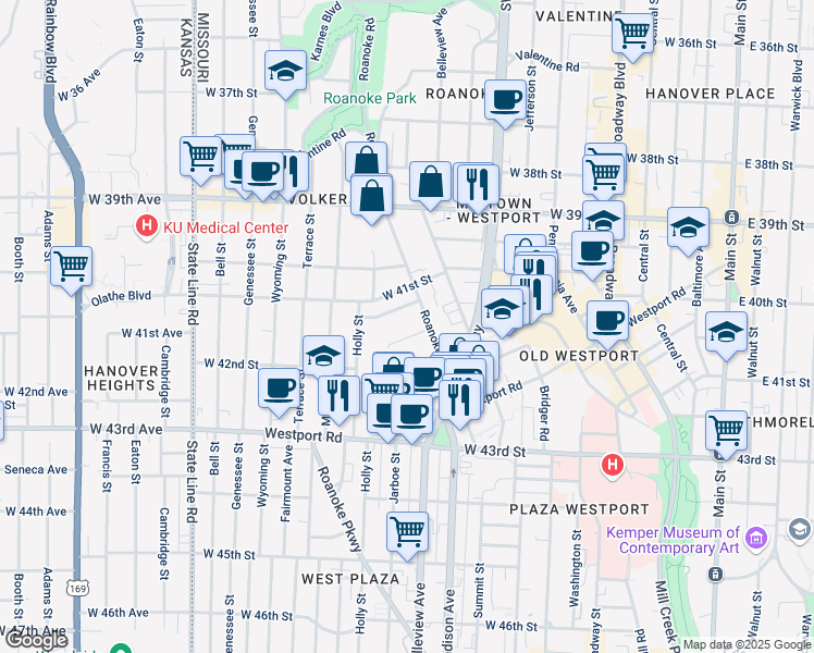 map of restaurants, bars, coffee shops, grocery stores, and more near 1110 West 41st Terrace in Kansas City