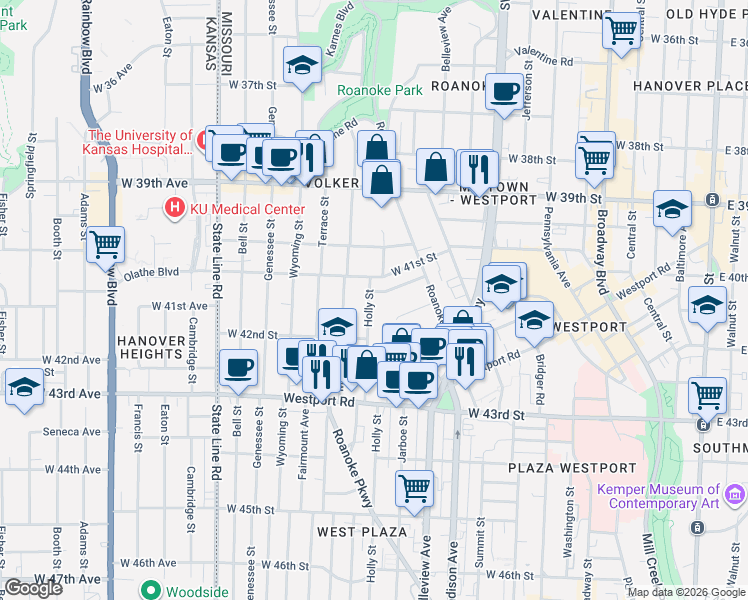 map of restaurants, bars, coffee shops, grocery stores, and more near 4101 Holly Street in Kansas City