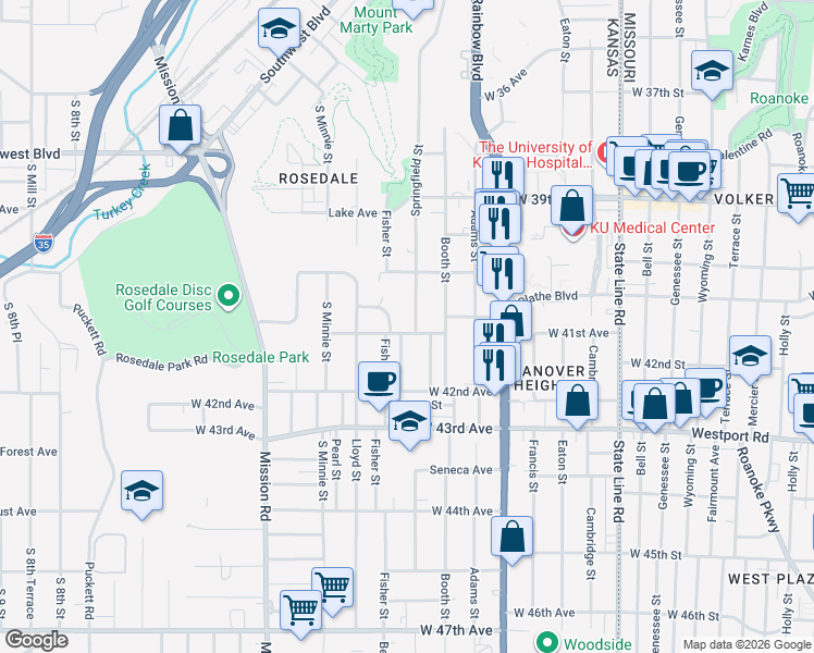 map of restaurants, bars, coffee shops, grocery stores, and more near 4016 Springfield Street in Kansas City