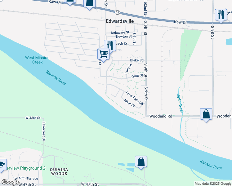 map of restaurants, bars, coffee shops, grocery stores, and more near 565 River Falls Road in Edwardsville