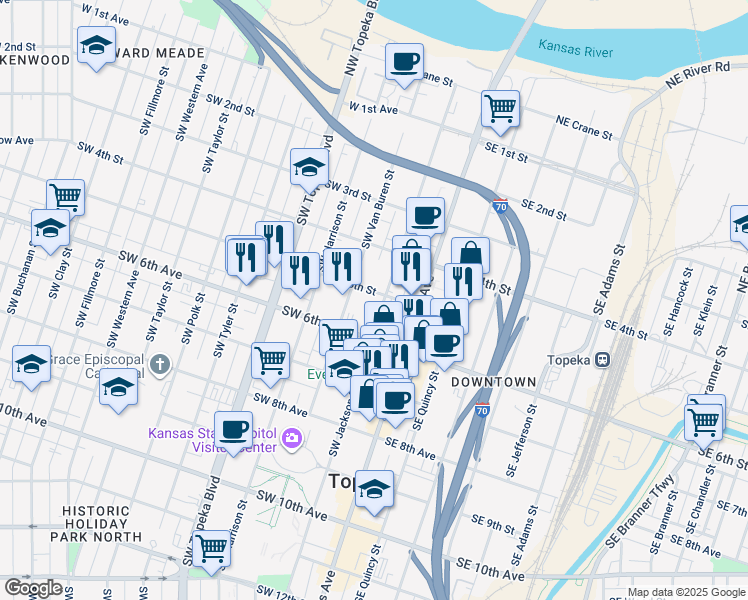 map of restaurants, bars, coffee shops, grocery stores, and more near 204 Southwest 5th Street in Topeka