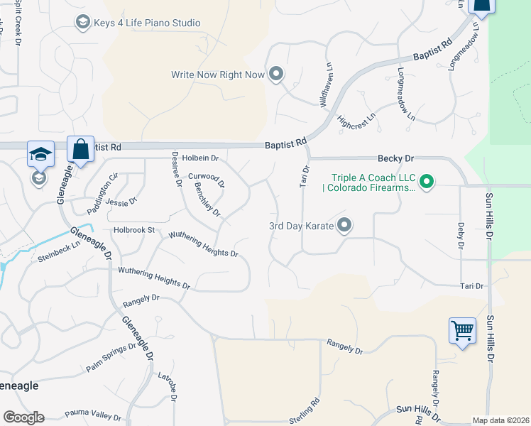 map of restaurants, bars, coffee shops, grocery stores, and more near 15310 Ridgefield Lane in Colorado Springs