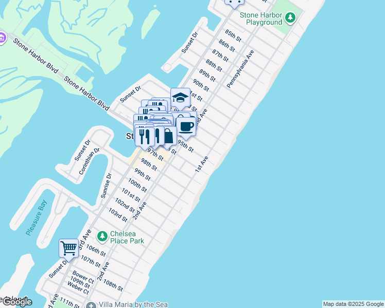map of restaurants, bars, coffee shops, grocery stores, and more near 148 95th Street in Stone Harbor