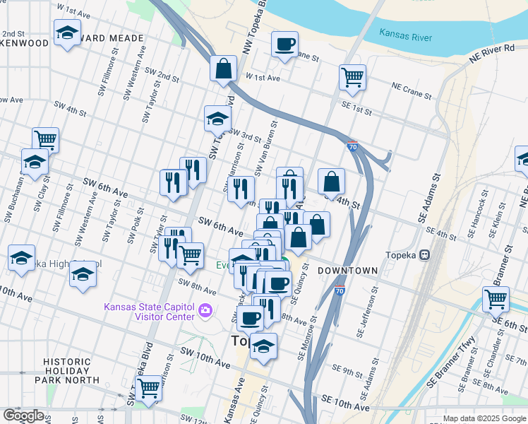 map of restaurants, bars, coffee shops, grocery stores, and more near 204 Southwest 5th Street in Topeka