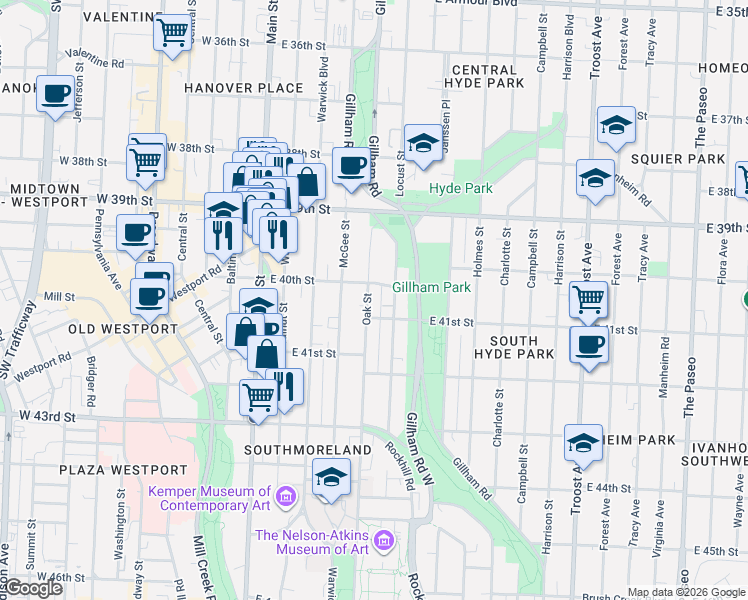 map of restaurants, bars, coffee shops, grocery stores, and more near 4033 Oak Street in Kansas City