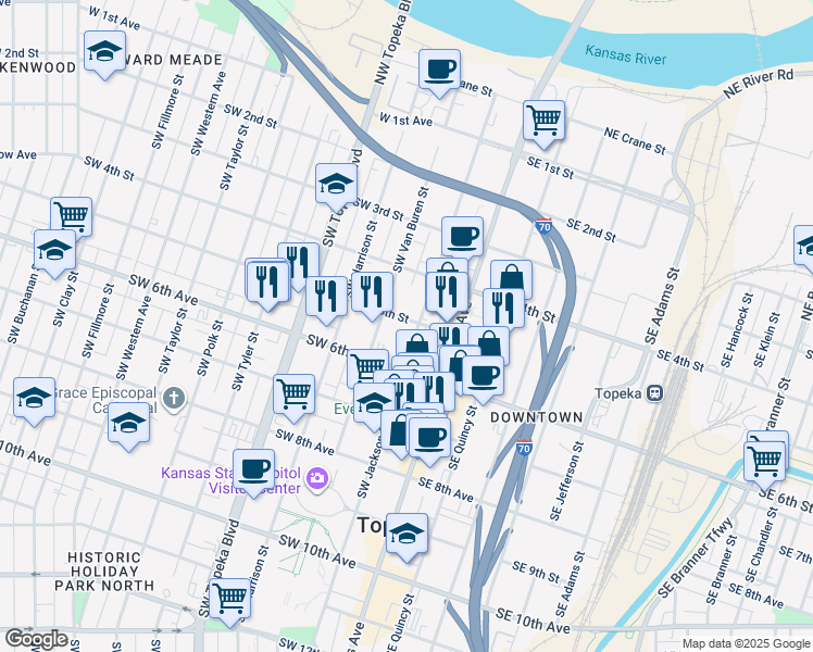map of restaurants, bars, coffee shops, grocery stores, and more near 501 Southwest Jackson Street in Topeka