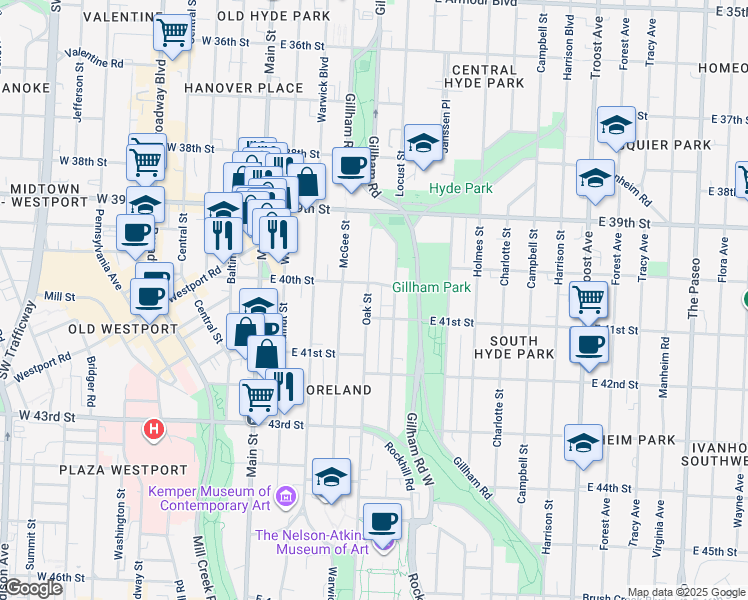 map of restaurants, bars, coffee shops, grocery stores, and more near 4033 Oak Street in Kansas City