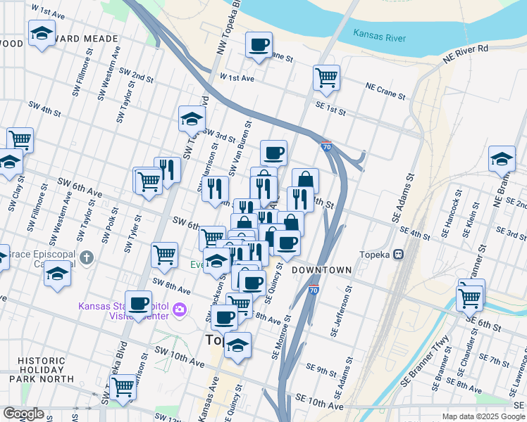map of restaurants, bars, coffee shops, grocery stores, and more near 435 South Kansas Avenue in Topeka
