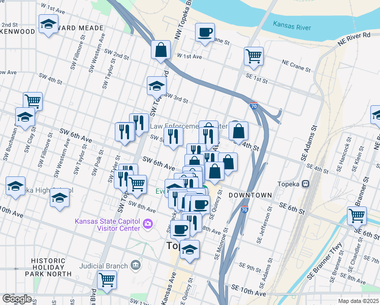 map of restaurants, bars, coffee shops, grocery stores, and more near 501 Southwest Jackson Street in Topeka