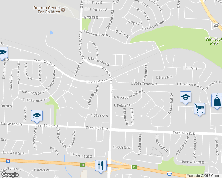 map of restaurants, bars, coffee shops, grocery stores, and more near S Lees Summit Rd & E 36th St S in Independence