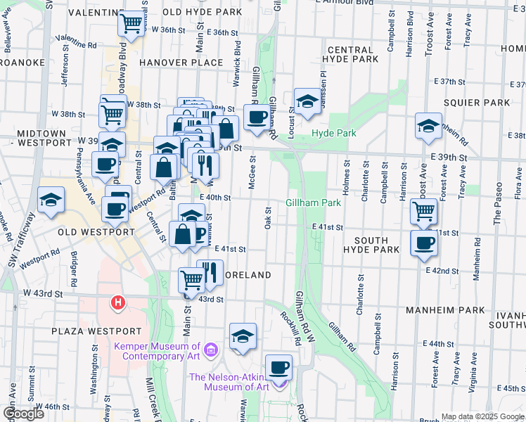 map of restaurants, bars, coffee shops, grocery stores, and more near 4006 Oak Street in Kansas City