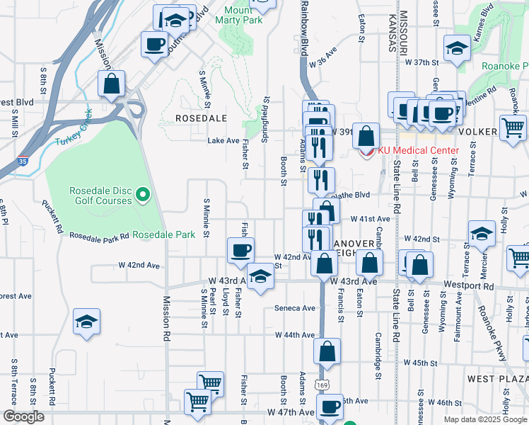 map of restaurants, bars, coffee shops, grocery stores, and more near 4027 Springfield Street in Kansas City