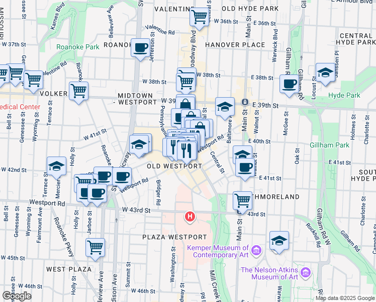 map of restaurants, bars, coffee shops, grocery stores, and more near 4030 Broadway Boulevard in Kansas City