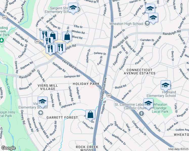 map of restaurants, bars, coffee shops, grocery stores, and more near 12011 Veirs Mill Road in Silver Spring