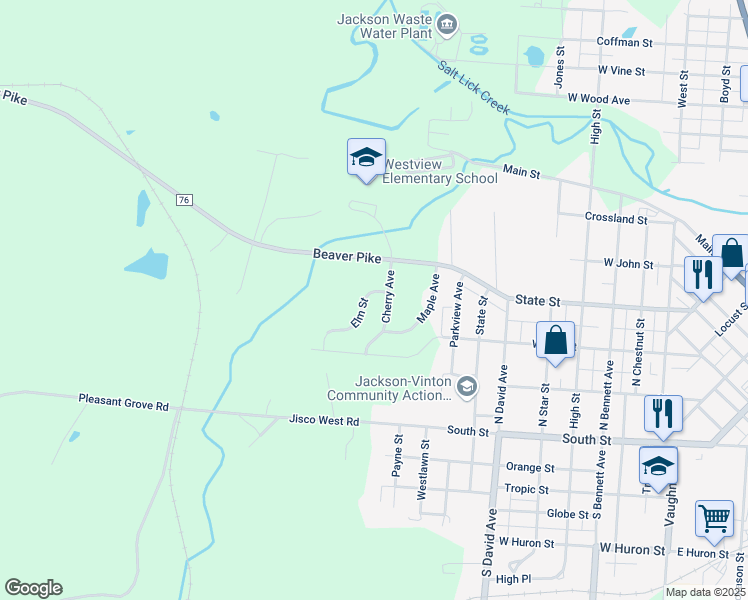map of restaurants, bars, coffee shops, grocery stores, and more near 105 Elm Street in Jackson