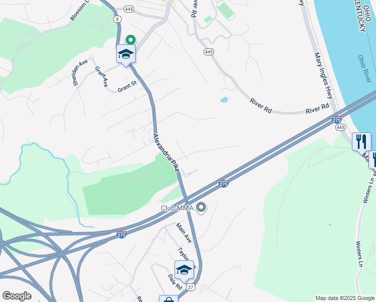 map of restaurants, bars, coffee shops, grocery stores, and more near 25 Holly Woods Drive in Fort Thomas